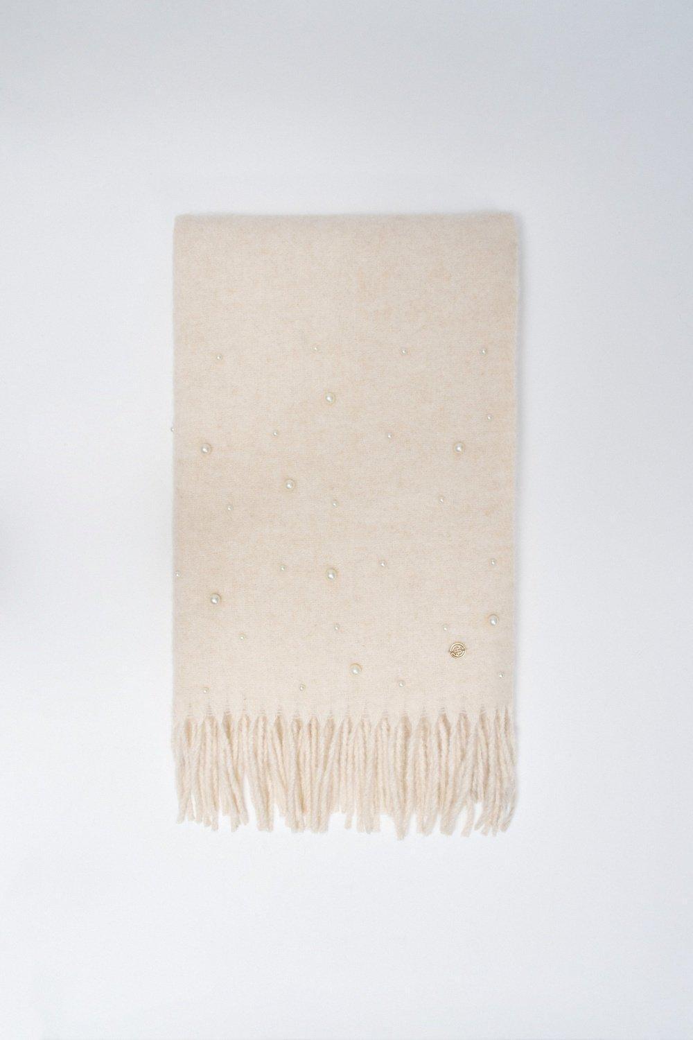 Wool Scarf With Pearls, Beige, large image number 0
