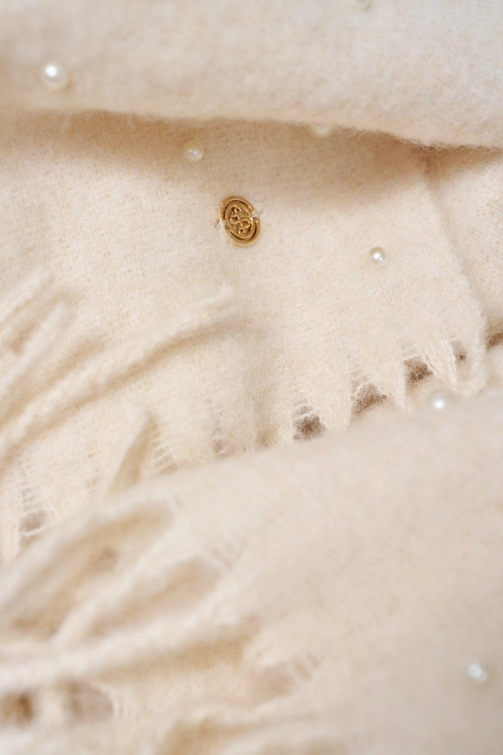 Wool Scarf With Pearls, Beige, medium