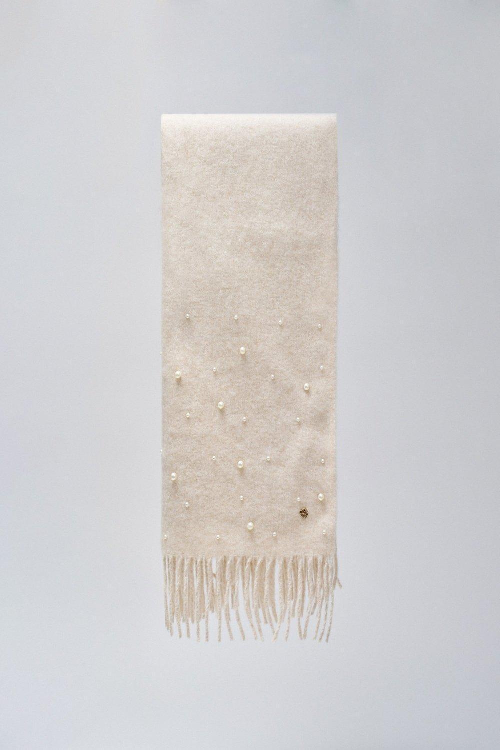 Wool Scarf With Pearls, Beige, large image number 3