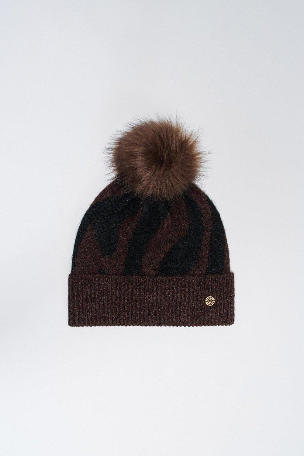 Animal Print Beanie, Brown, medium