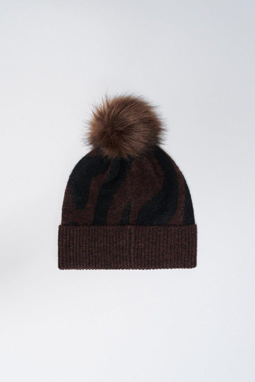 Animal Print Beanie, Brown, medium