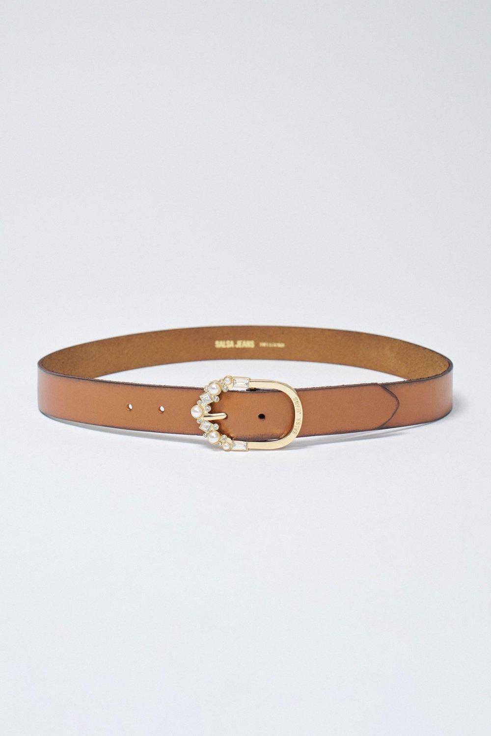 Brown Leather Belt With Jewellery Buckle, , medium