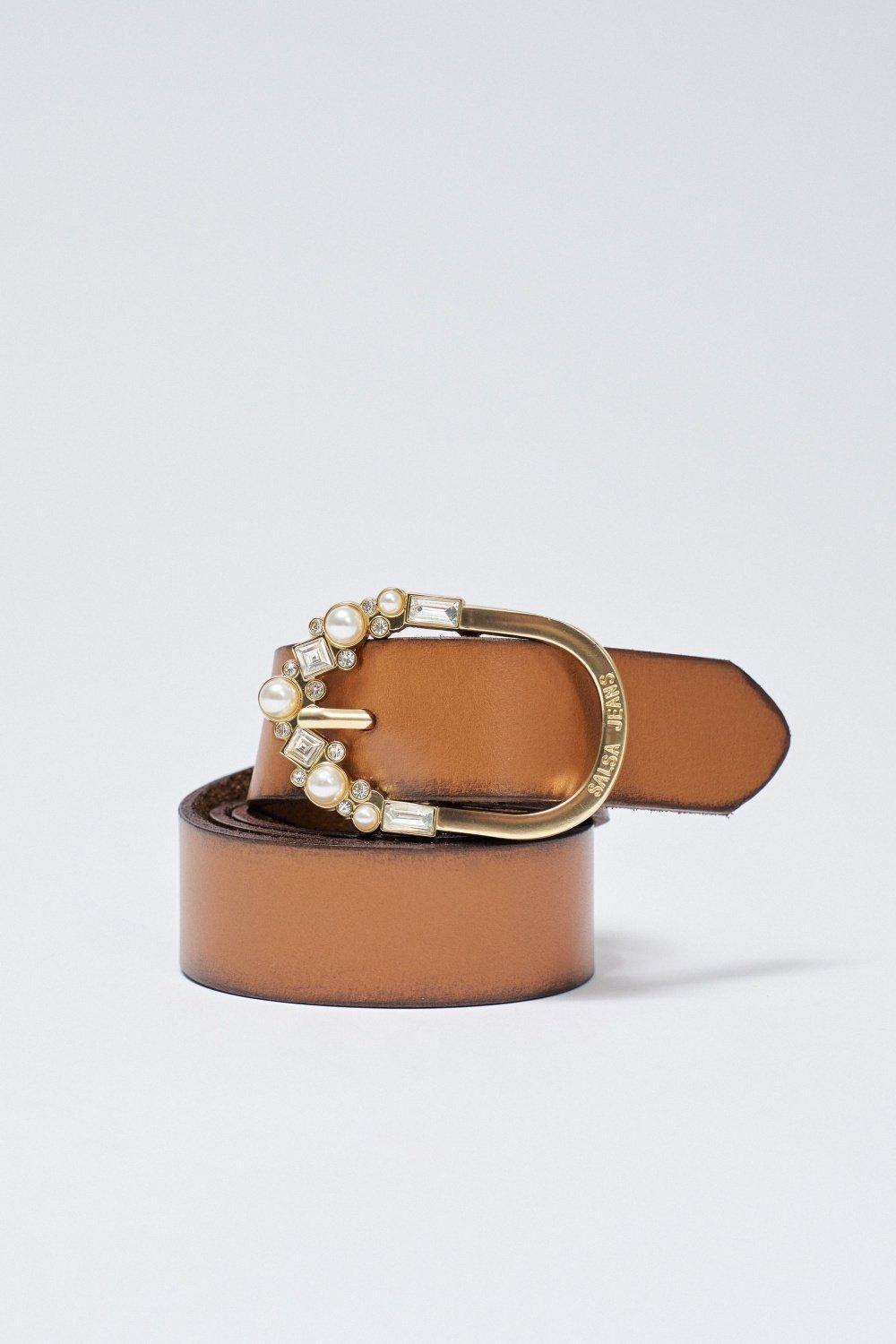 Leather Belt With Jewellery Buckle , Brown, large image number 2