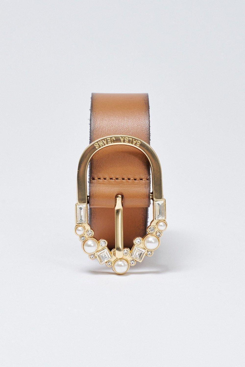 Leather Belt With Jewellery Buckle , Brown, large image number 3