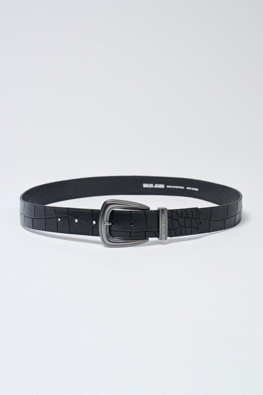 Black Leather Belt Crocodile Effect, , medium