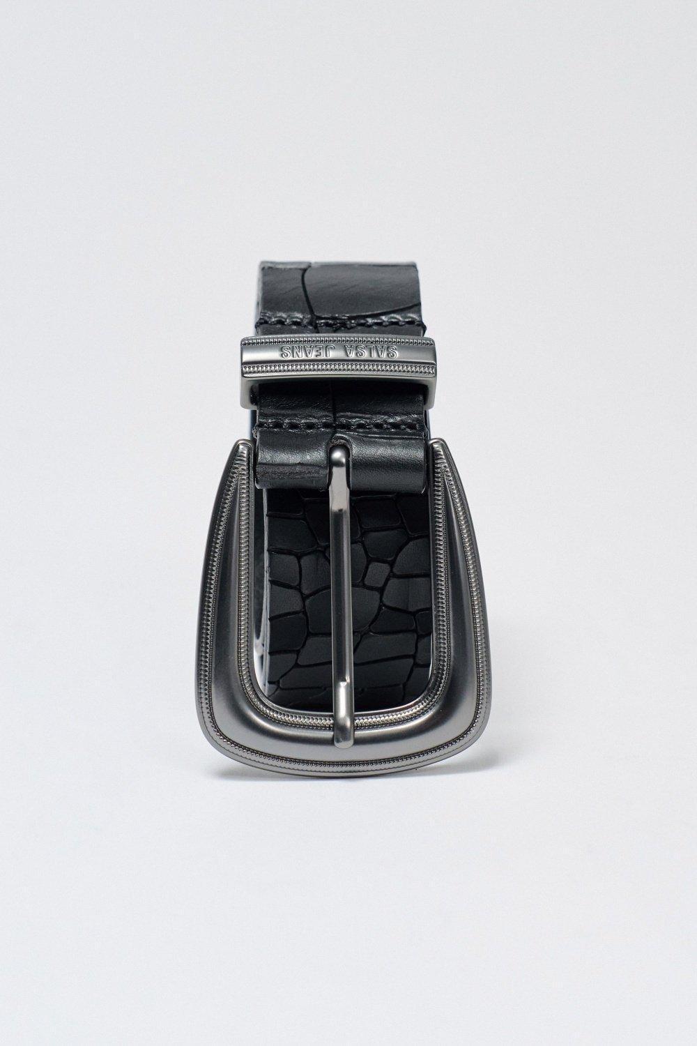 Black Leather Belt Crocodile Effect, , large image number 3