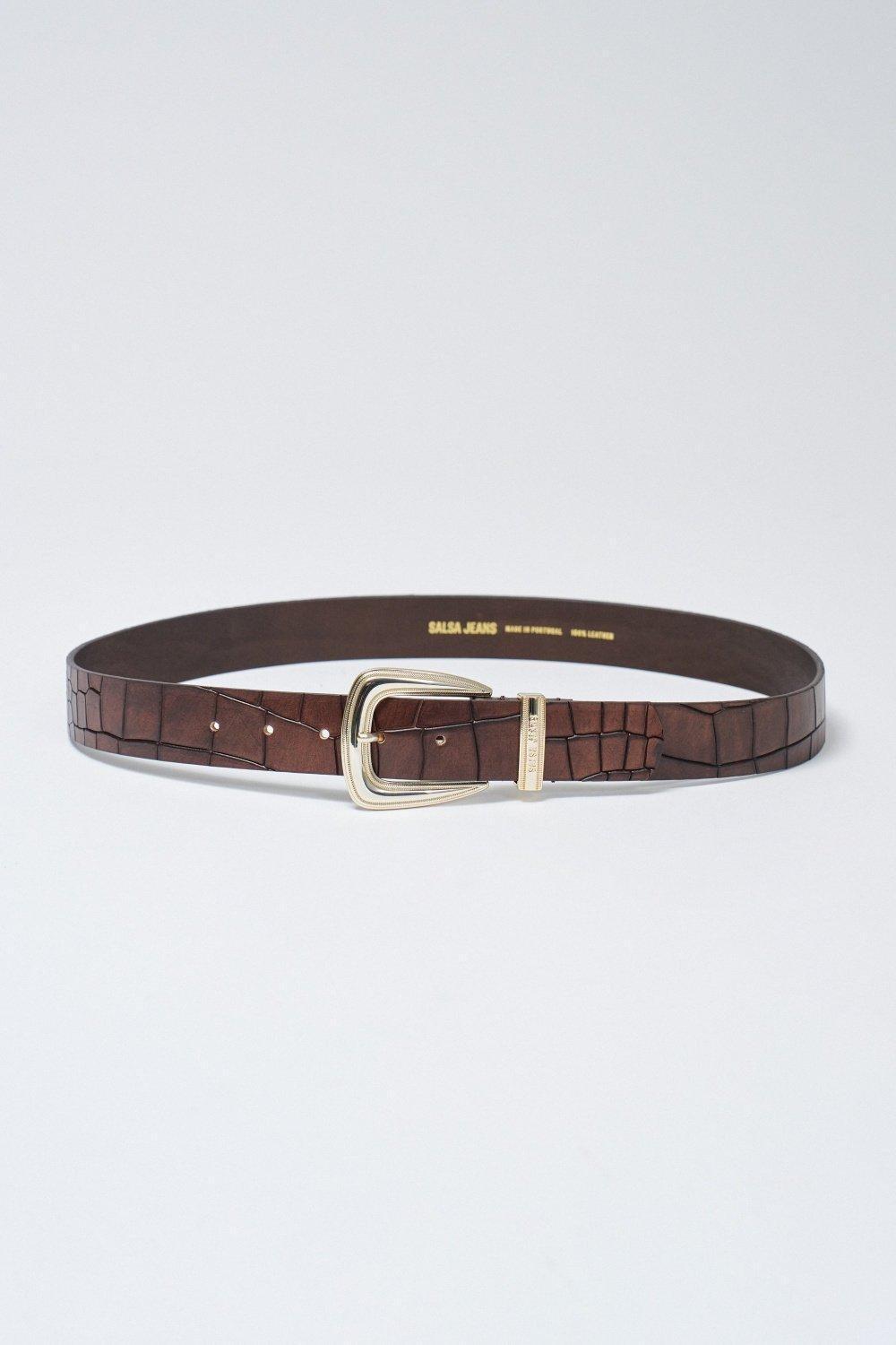 Leather Belt Crocodile Effects, Brown, medium