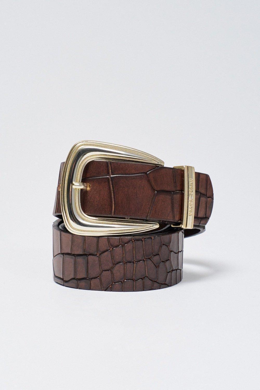 Leather Belt Crocodile Effects, Brown, medium