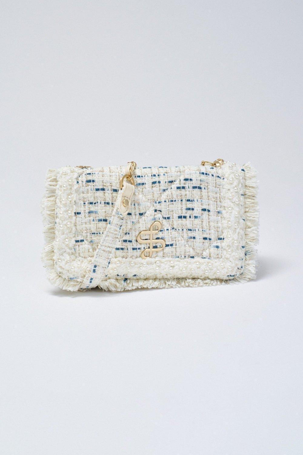 Tweed Crossbody Bag With Logo, Pearl, medium