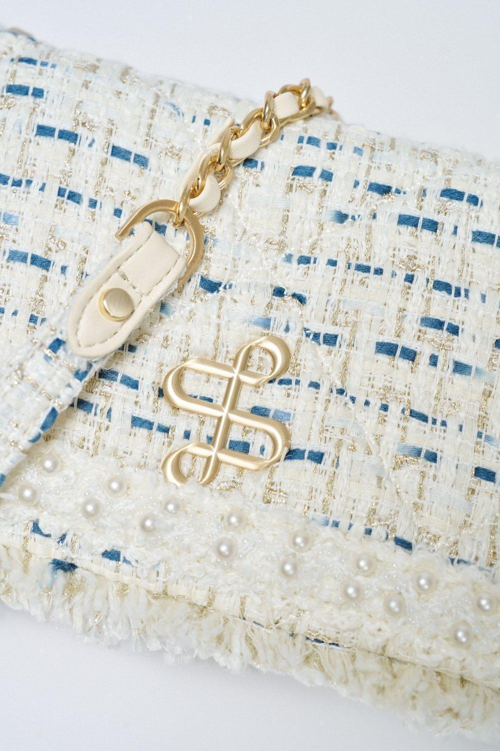 Tweed Crossbody Bag With Logo, Pearl, medium