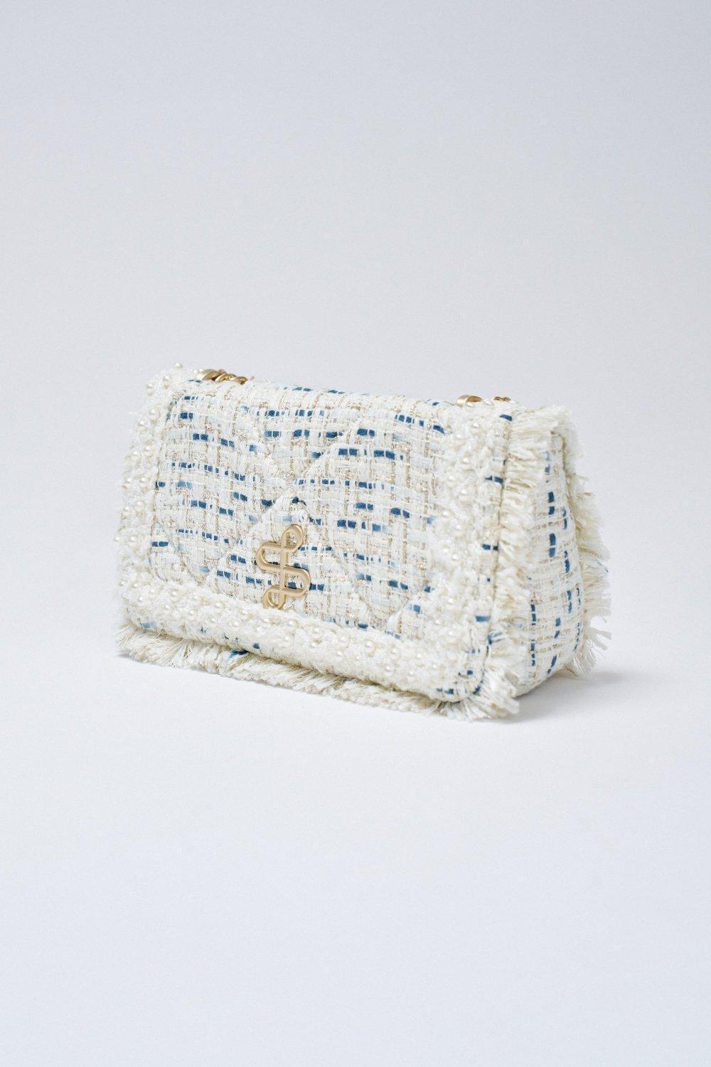 Tweed Crossbody Bag With Logo, Pearl, medium