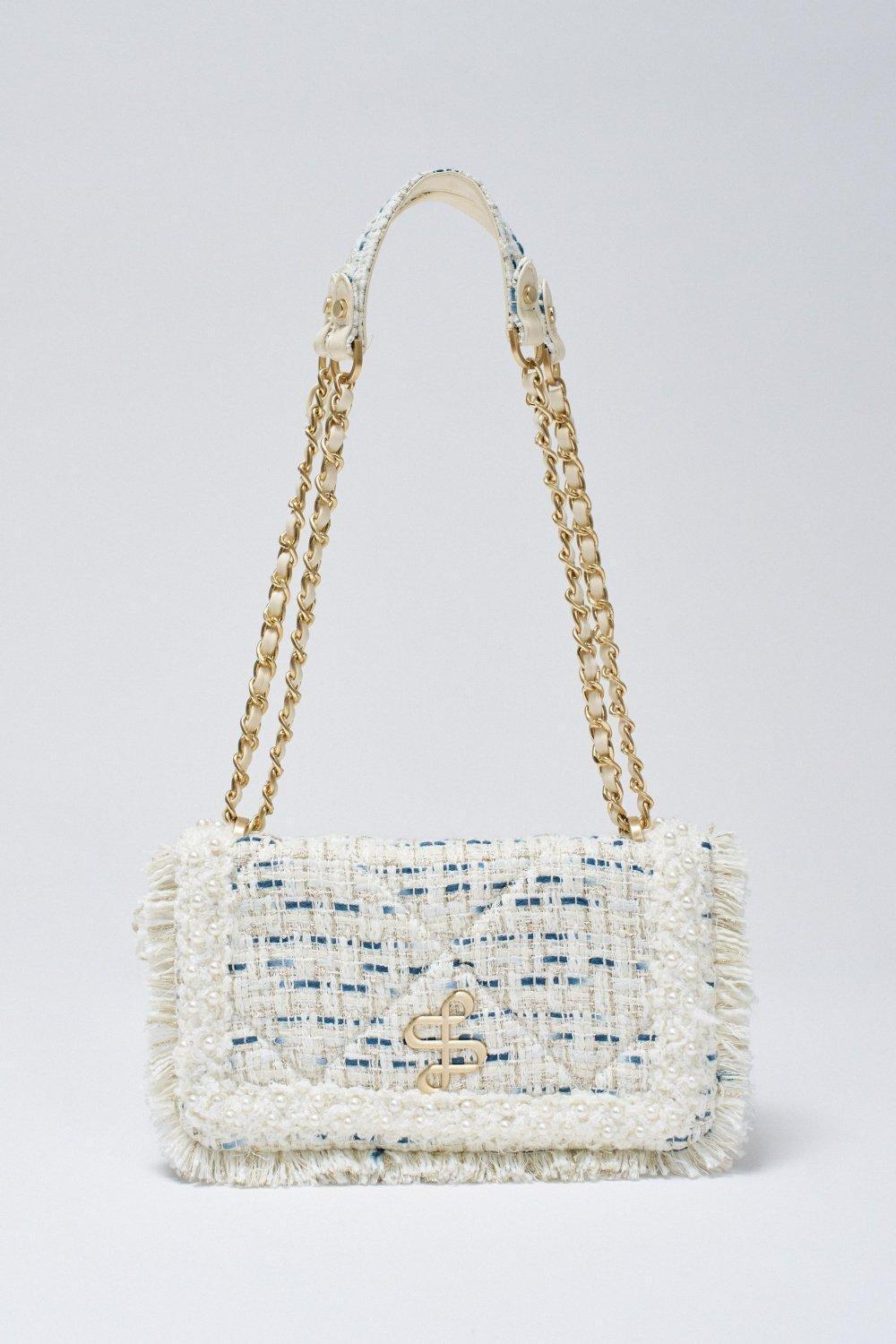 Tweed Crossbody Bag With Logo, Pearl, large image number 4