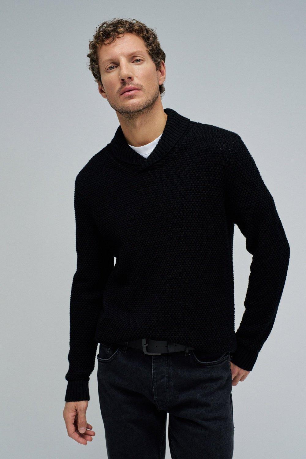 Heavy Knit Sweater With Shawl Collar, Black, medium