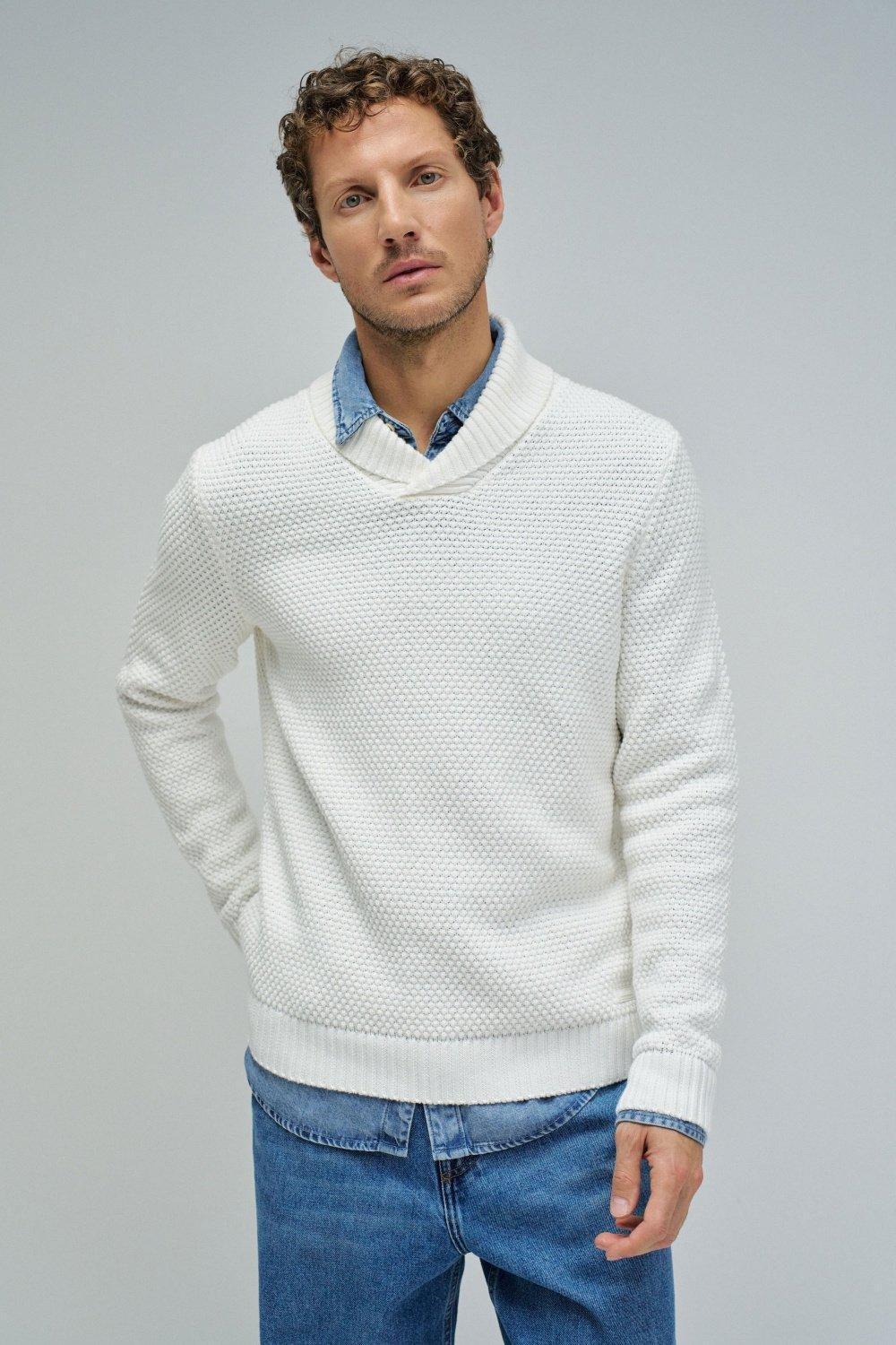 Heavy Knit Sweater With Shawl Collar, Pearl, large image number 0