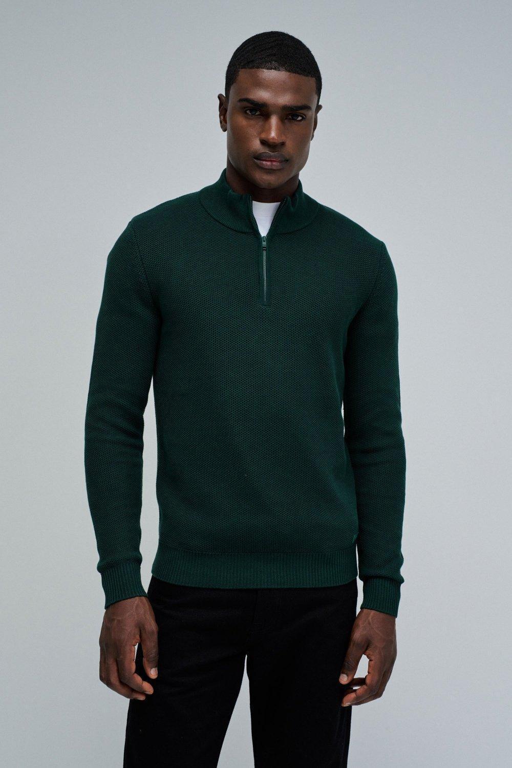 Knit Sweater With Half Zip, Green, medium