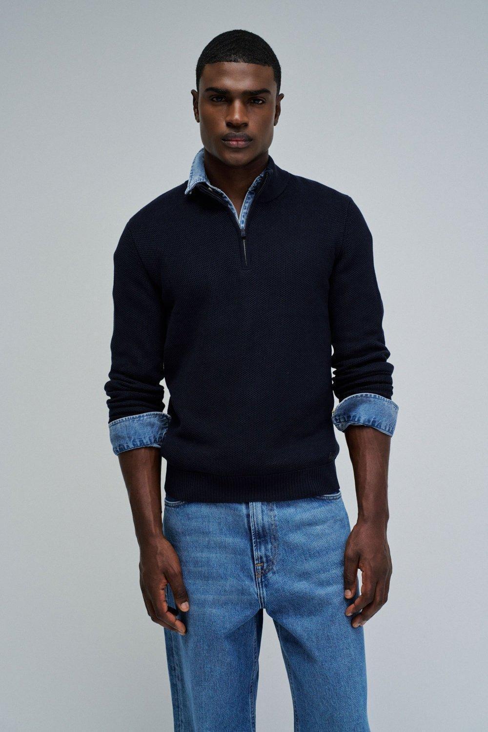 Knit Sweater With Half Zip, Navy, medium