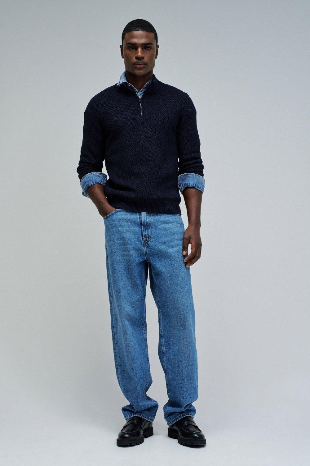 Knit Sweater With Half Zip, Navy, medium