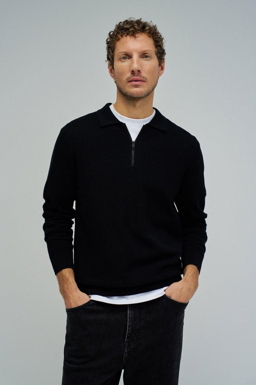 Knit Sweater With Half Zip, Black, large image number 0