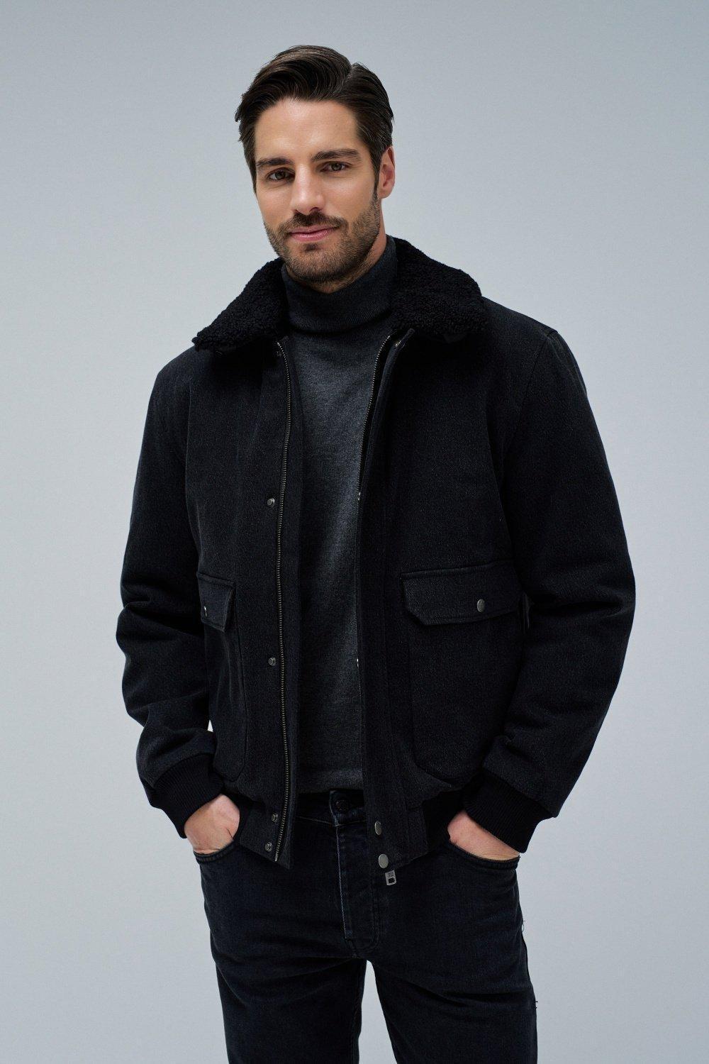 Bomber Jacket With Fur Collar, Black, medium
