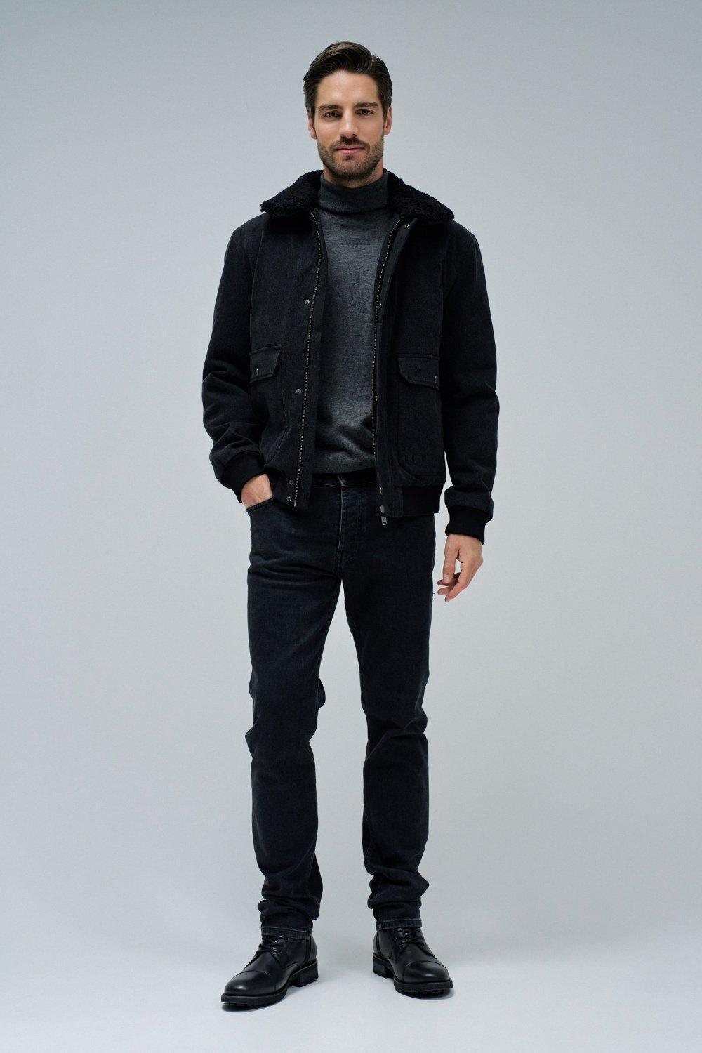 Bomber Jacket With Fur Collar, Black, medium