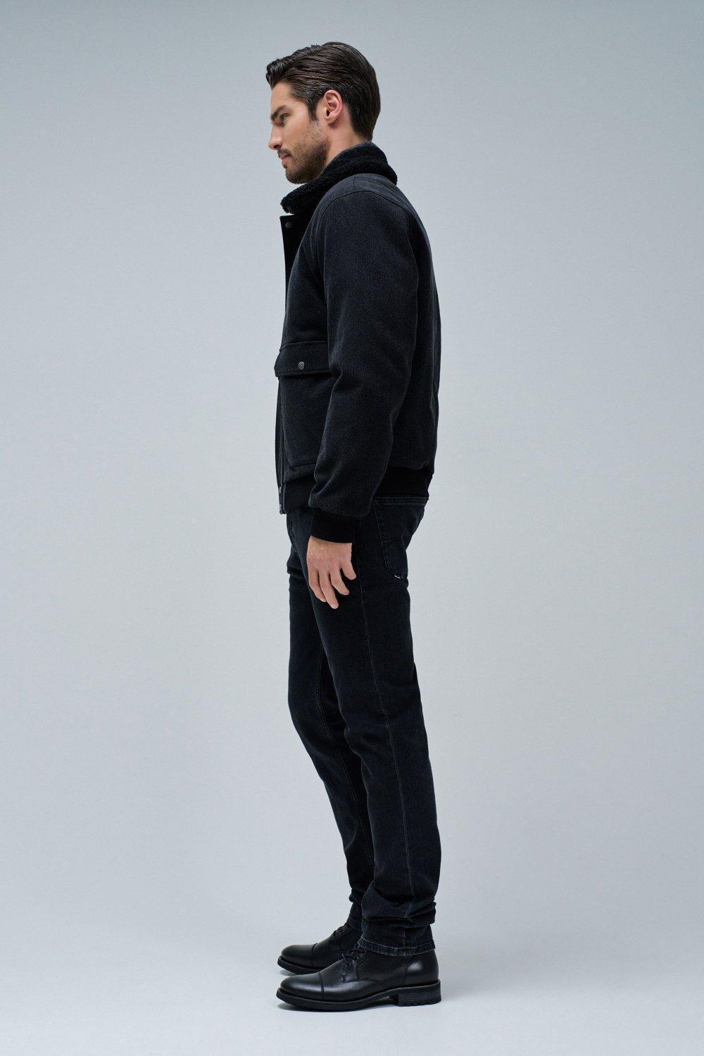 Bomber Jacket With Fur Collar, Black, medium