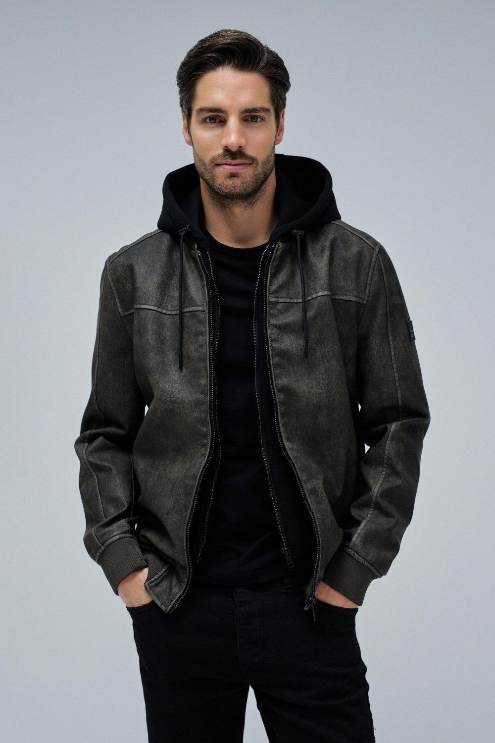 Hooded Fake Leather Bomber Jacket, Brown, medium