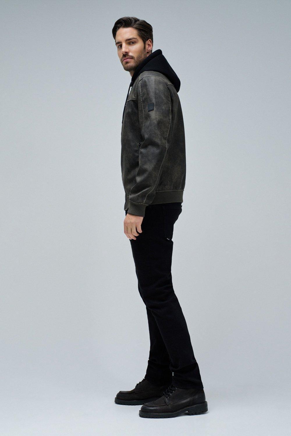 Hooded Fake Leather Bomber Jacket, Brown, large image number 2