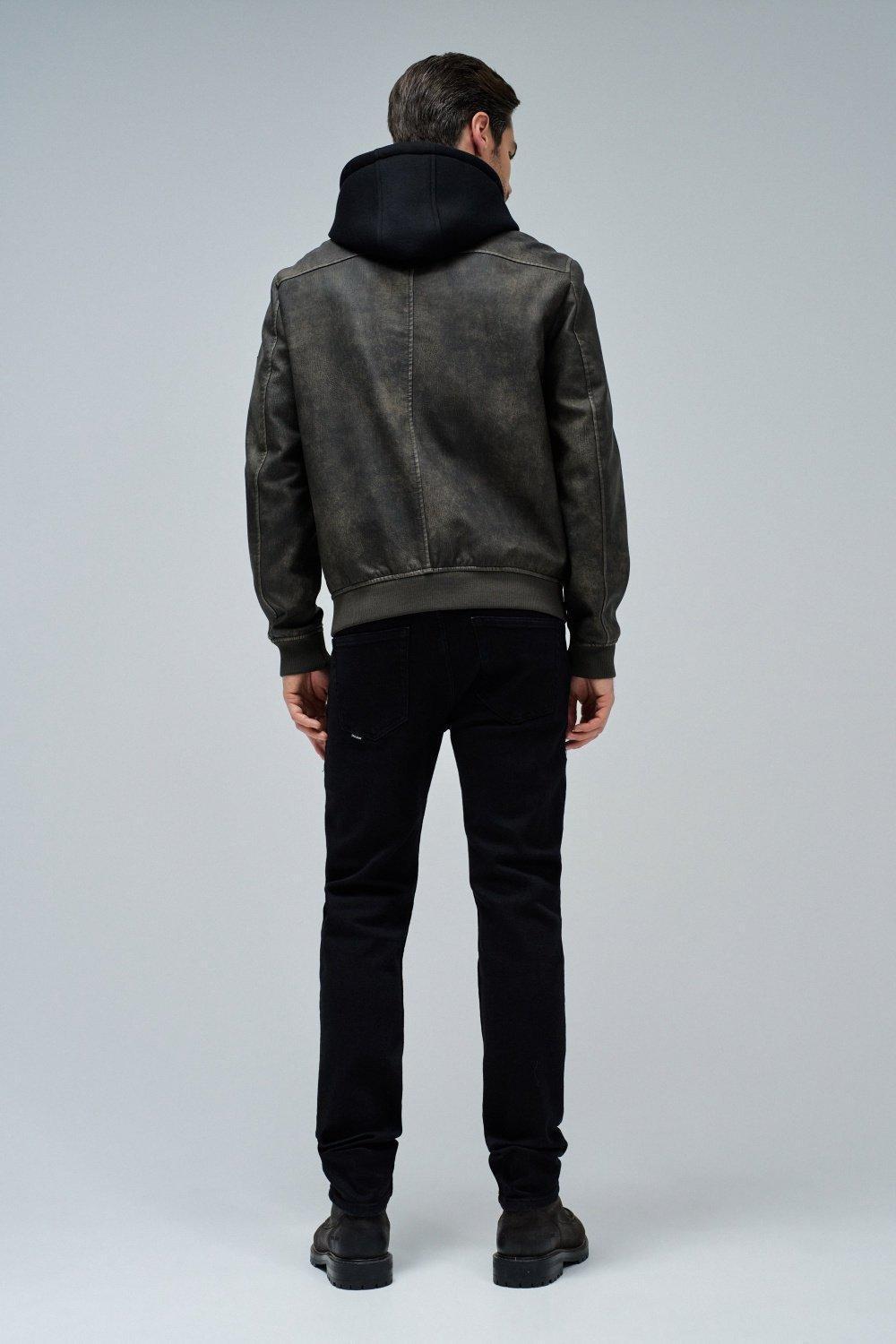 Hooded Fake Leather Bomber Jacket, Brown, large image number 3