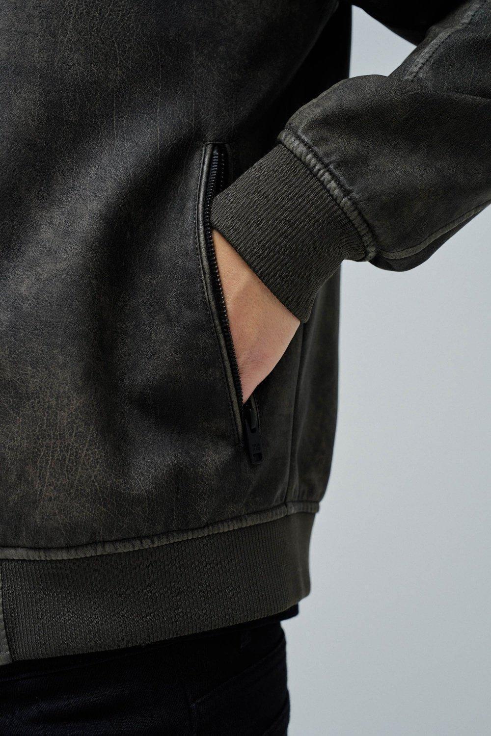 Hooded Fake Leather Bomber Jacket, Brown, large image number 4