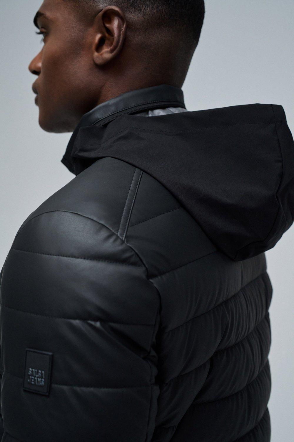 Puffer Jacket Leather Effect, Black, large image number 4