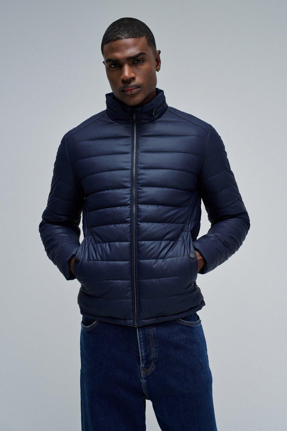 Puffer Jacket Leather Effect, Navy, large image number 0