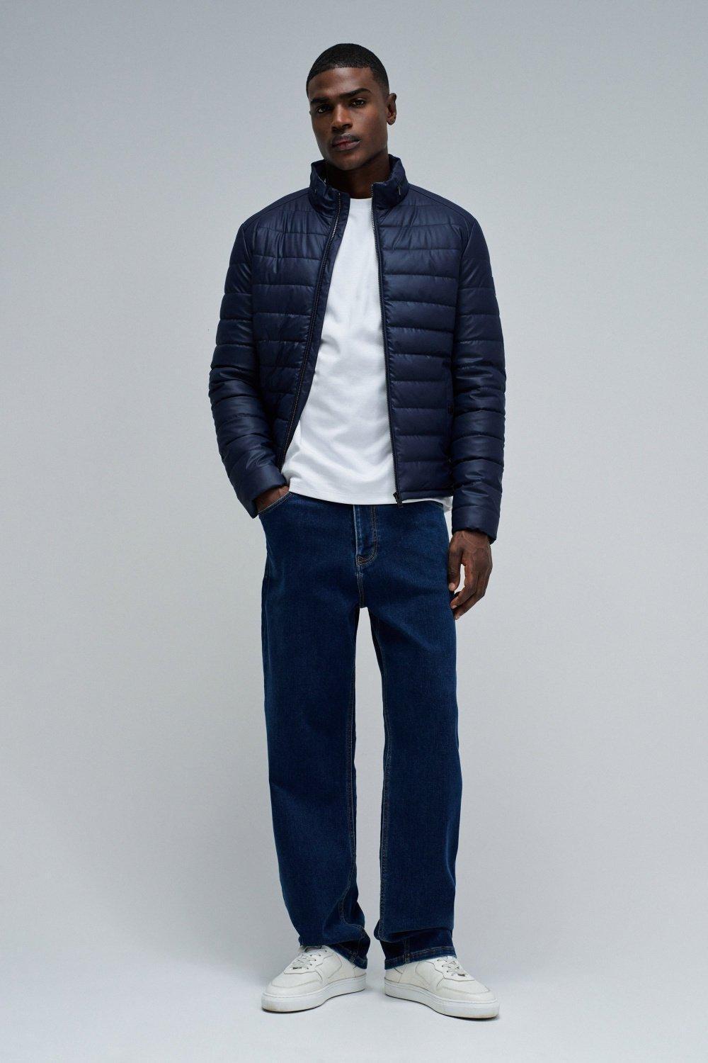 Puffer Jacket Leather Effect, Navy, medium