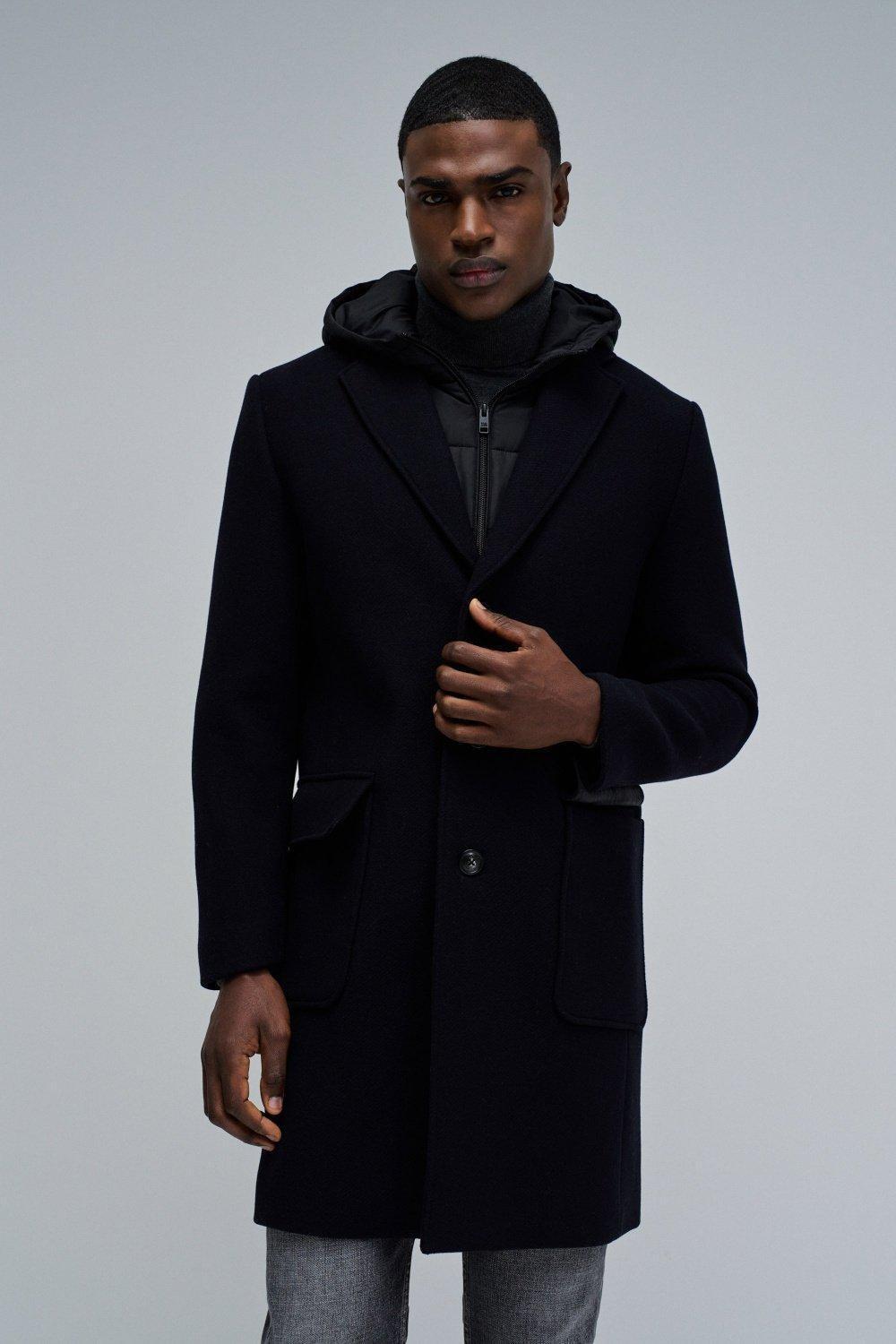 Wool Coat With Hood, Navy, medium