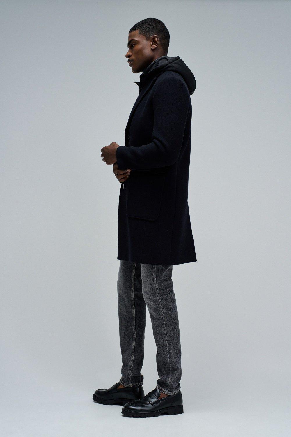 Wool Coat With Hood, Navy, medium