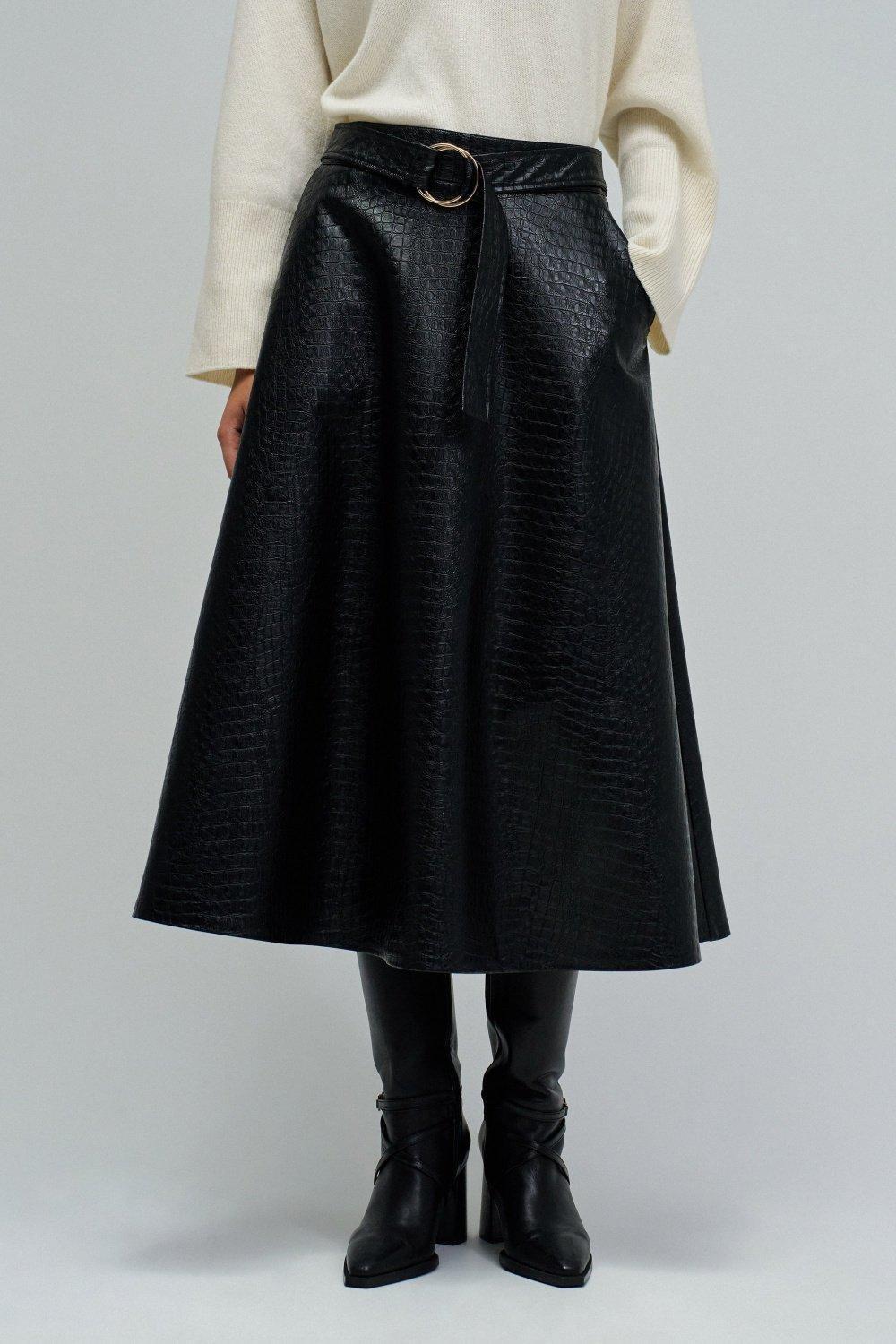 Midi Leather Effect Skirt With Belt, Black, large image number 0