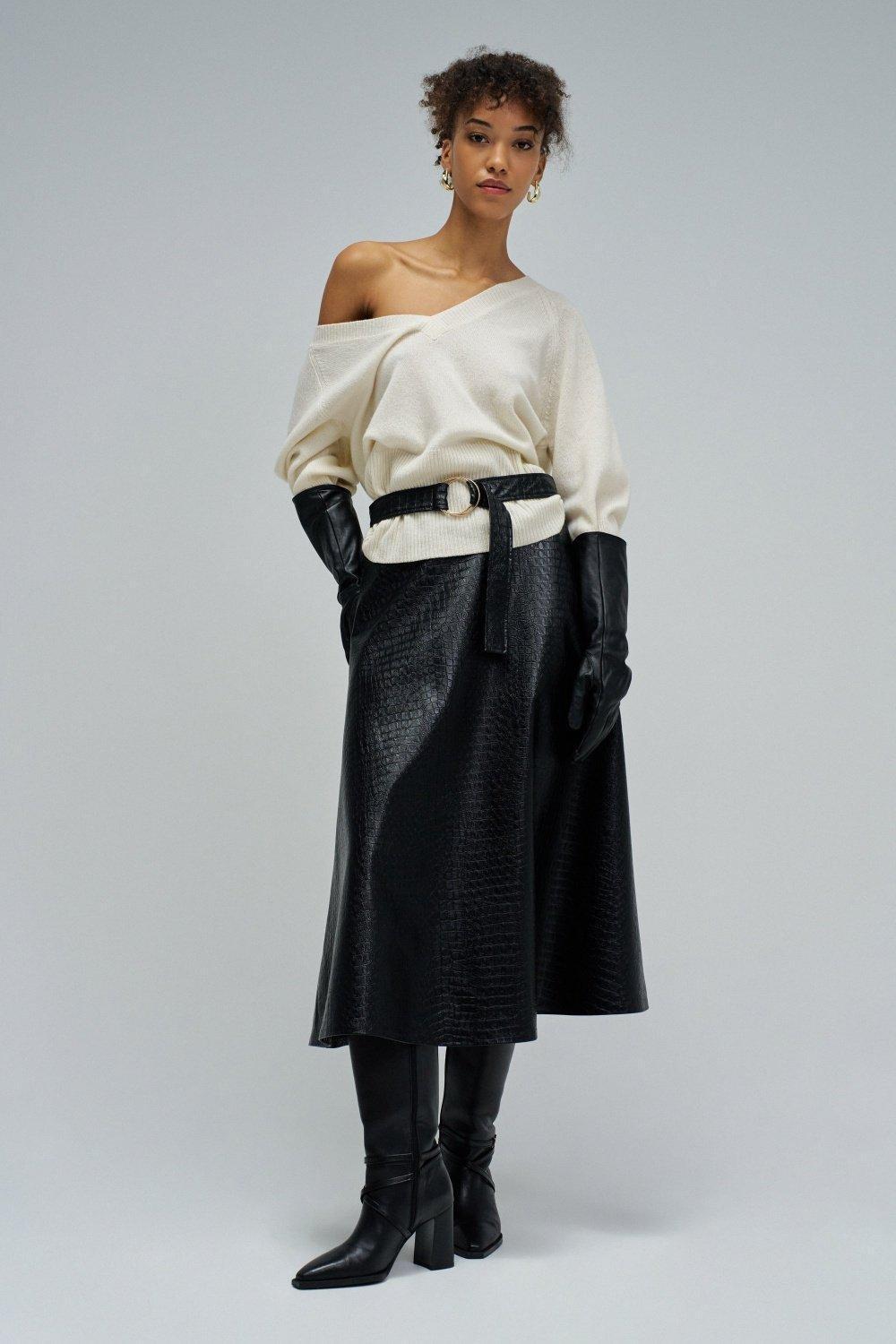 Midi Leather Effect Skirt With Belt, Black, medium