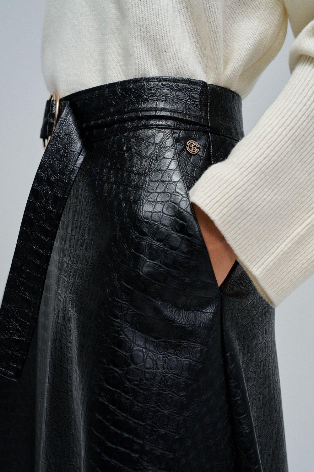 Midi Leather Effect Skirt With Belt, Black, large image number 4