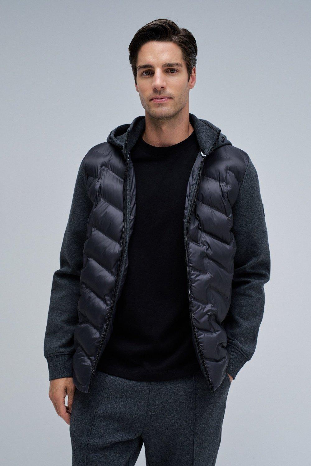 Padded Coat With Mixed Materials, Grey, medium