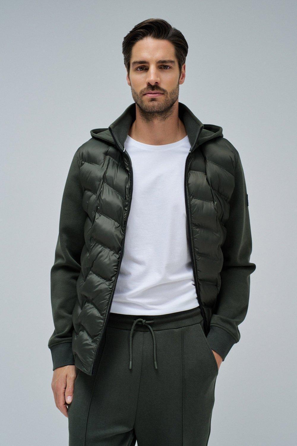 Padded Coat With Mixed Materials, Green, medium