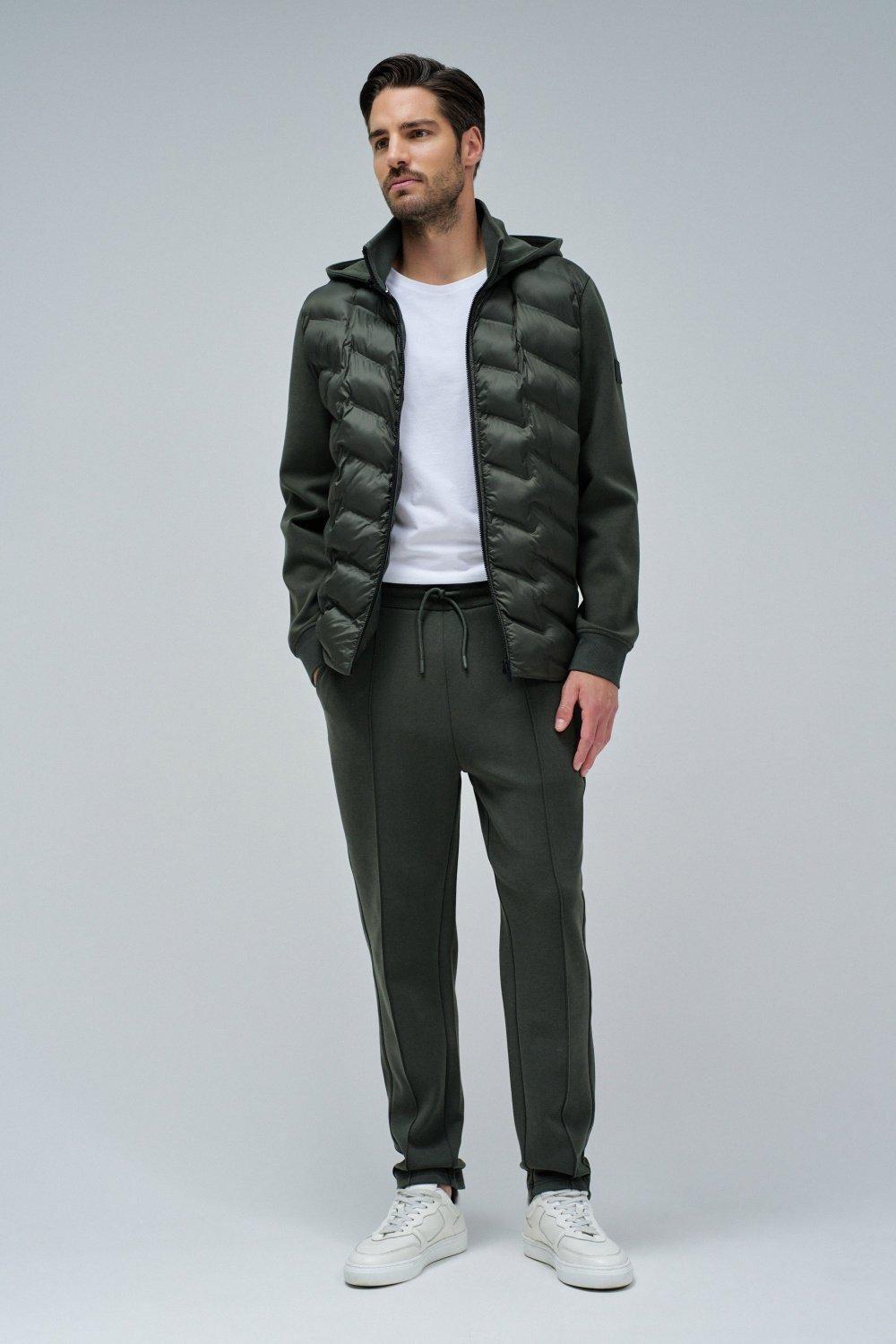 Padded Coat With Mixed Materials, Green, medium
