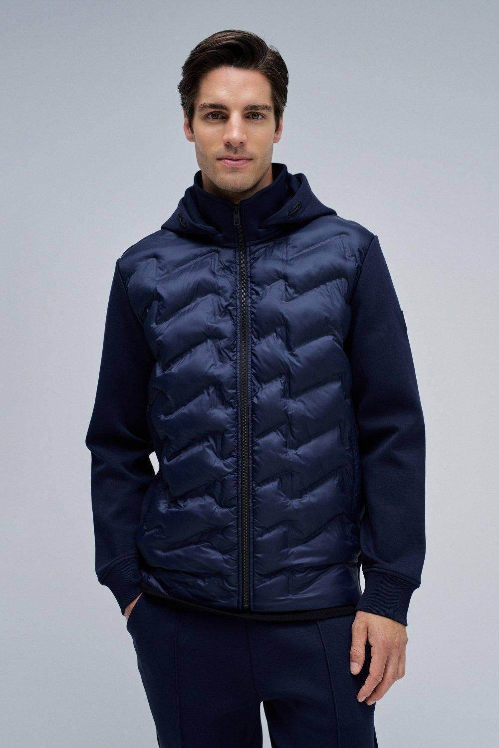Padded Coat With Mixed Materials, Navy, medium