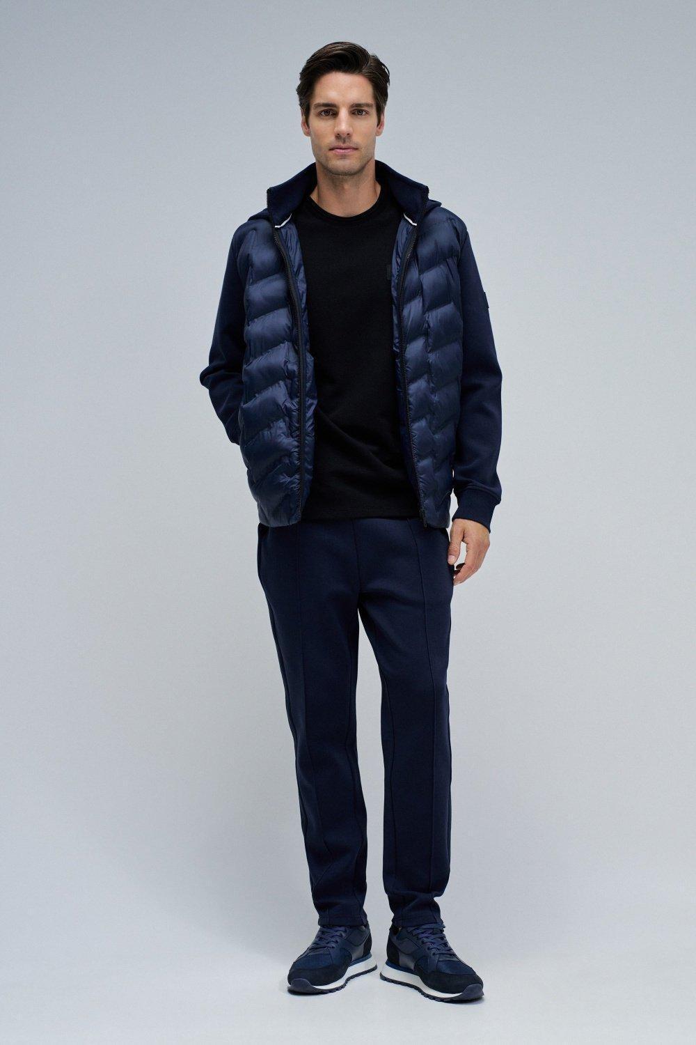 Padded Coat With Mixed Materials, Navy, medium