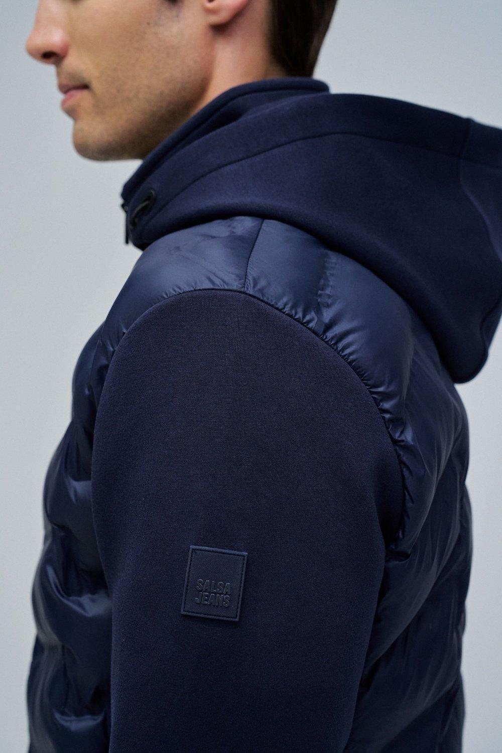 Padded Coat With Mixed Materials , Navy, large image number 4