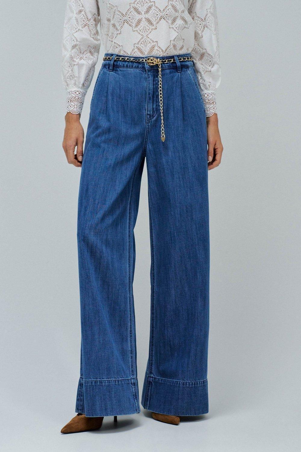 Blue Palazzo Trousers In Lightdenim, , large image number 0