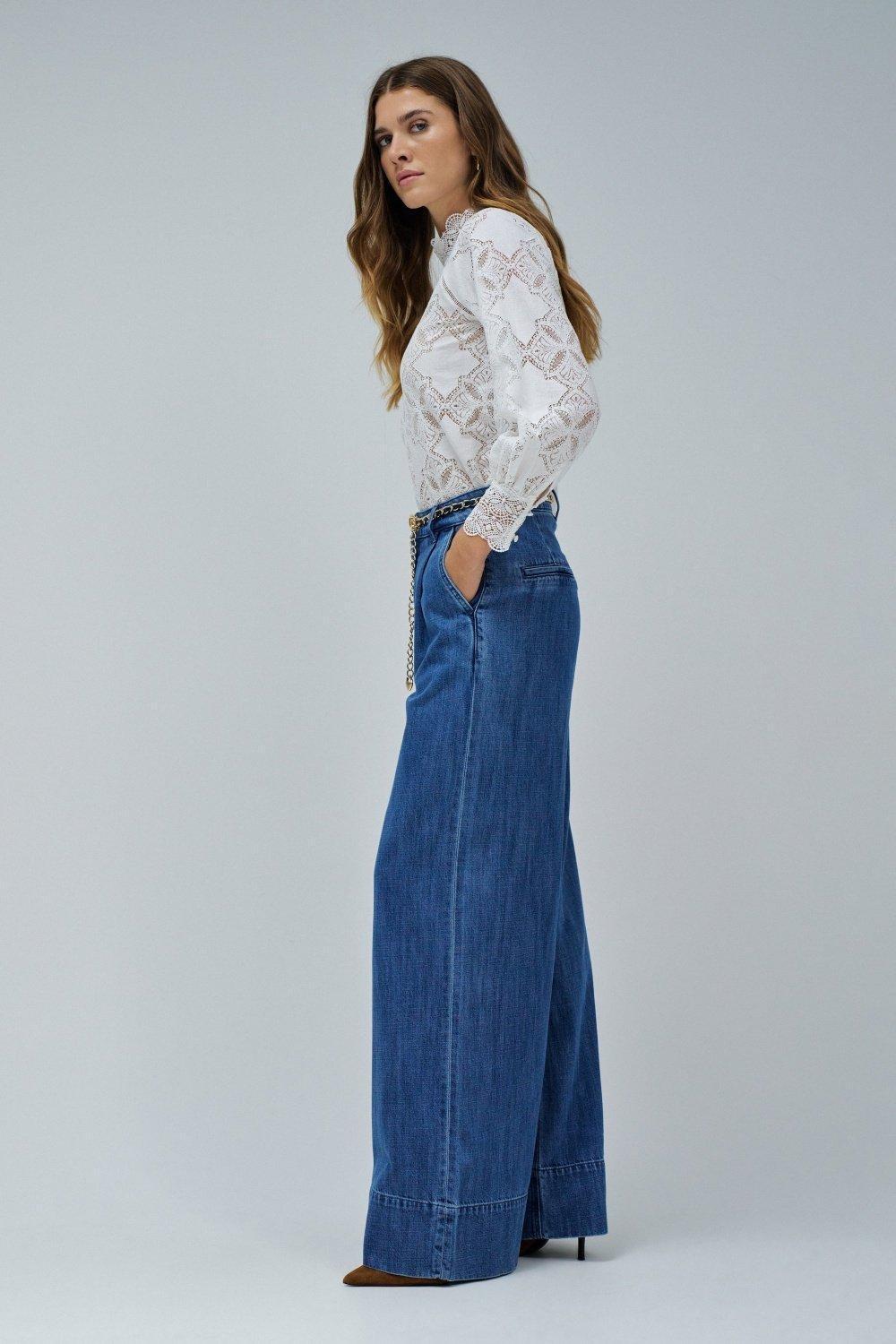 Blue Palazzo Trousers In Lightdenim, , large image number 2