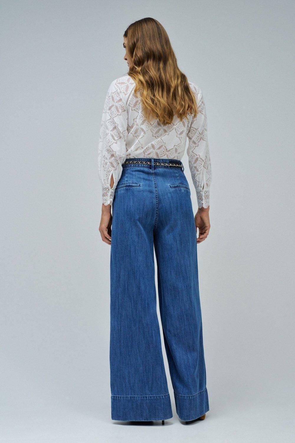 Palazzo Trousers In Lightdenim, Navy, large image number 3