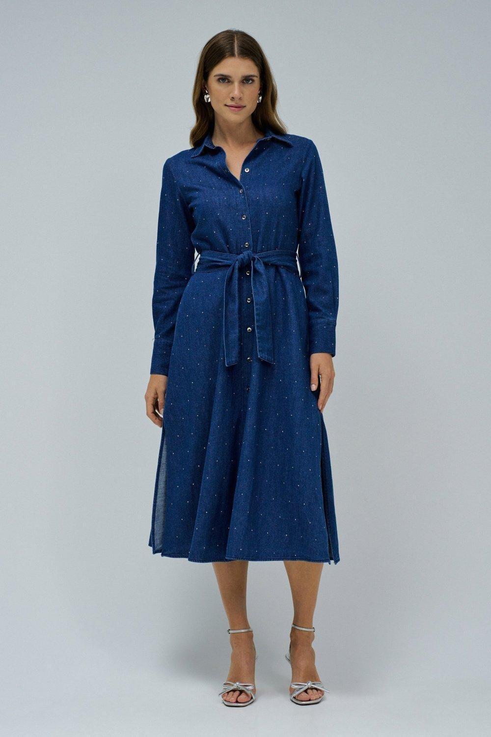 Shirt Dress In Denim With Sparkles , Navy, large image number 1
