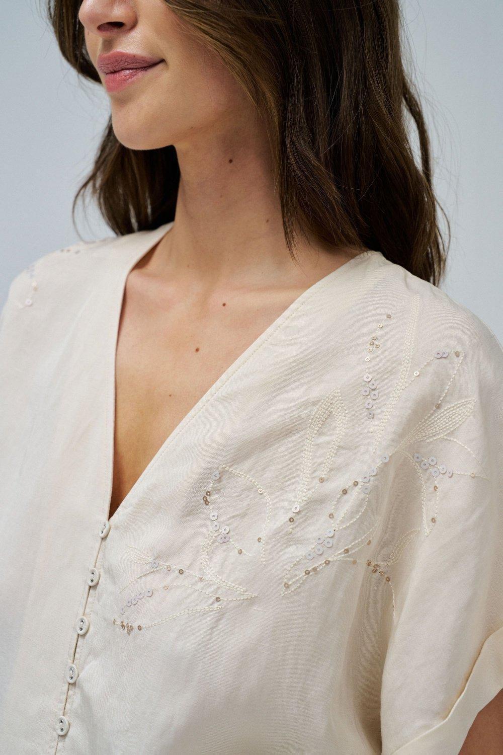 BEIGE LIGHTDENIM BLOUSE WITH BOW AT THE HEM, , large image number 4