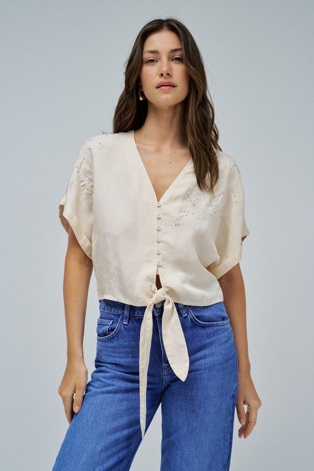 Light Denim Blouse With Bow At The Hem&nbsp;, Beige, medium