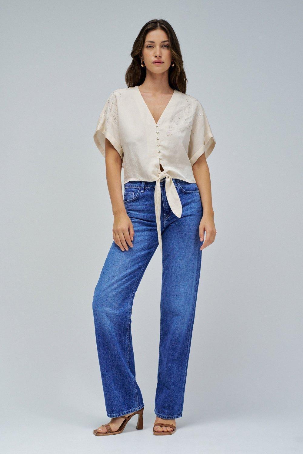 Light Denim Blouse With Bow At The Hem&nbsp;, Beige, medium